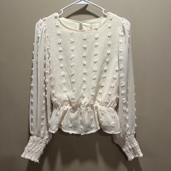 Altar'D State Women Chenille Polka Dot Peach Blouse S Puff Sleeve Coquette Twee - Picture 1 of 11